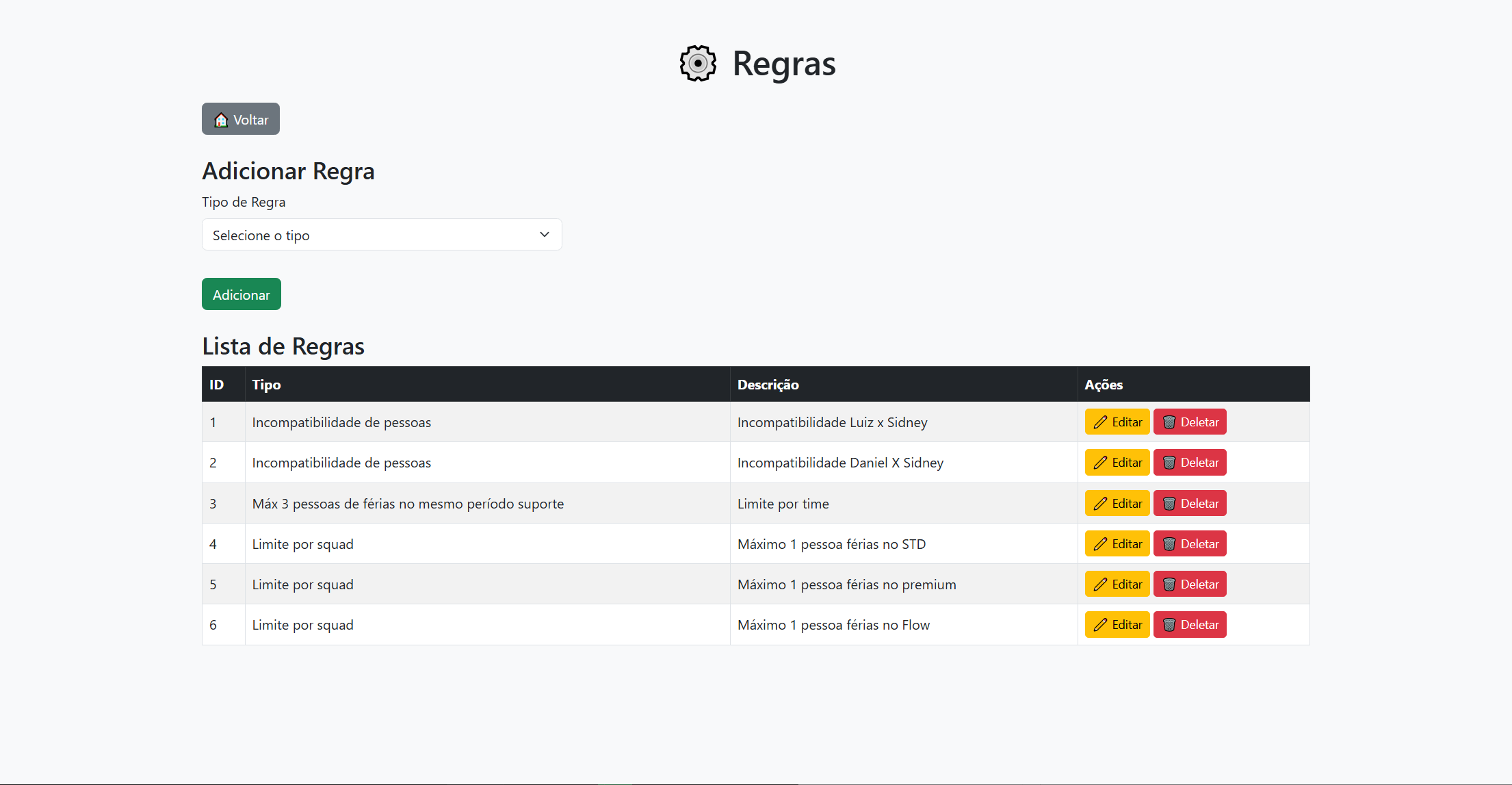 Tela de Regras Férias e Folgas